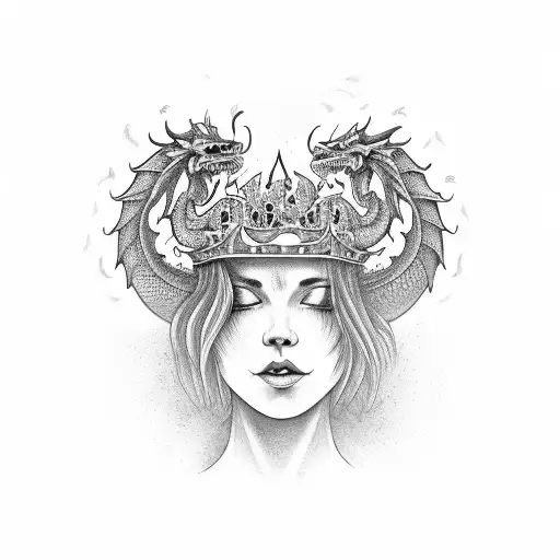 English Dragon In The Background Of A Woman With A Skull Crown