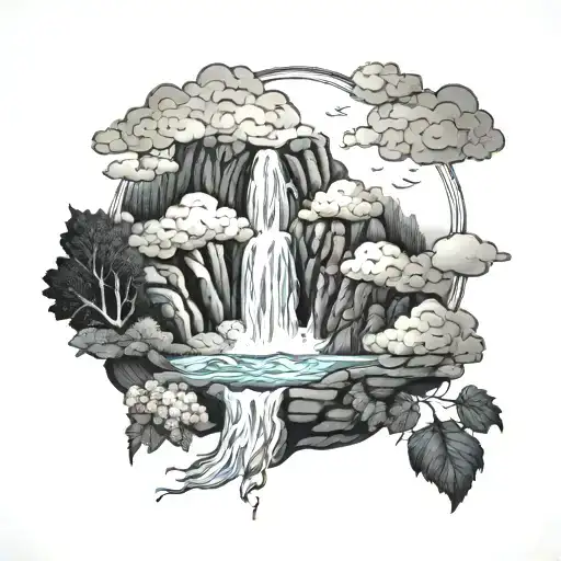 Clouds And Waterfall Flowing Through A Lush