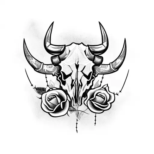 Bull Skull Wrapped In Roses And Barbed Wire