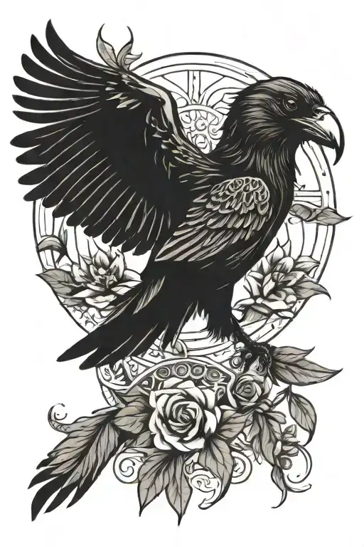 Raven Flying With The Eye Of Horus With Lily Of The Vally Flower