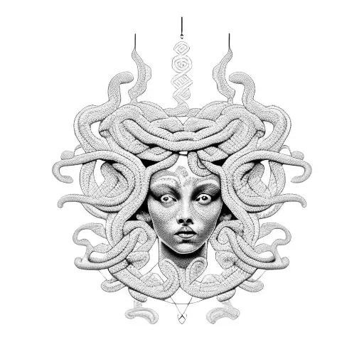 A Captivating Blackwork Medusa Surrounded By Intricate Geometric Patterns