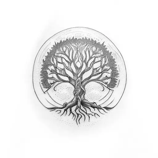 A Blackwork Tattoo Featuring An Ancient Tree Of Life Symbolizing Personal Growth And Healing