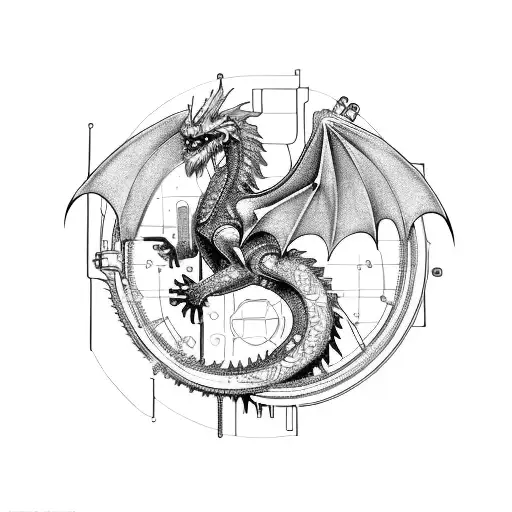 A Cyberpunk-inspired Clockwork Mechanism Integrated Into A Celtic Dragon Design In Sketch Style