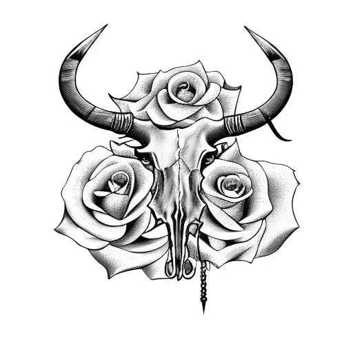 A Bull Skull With Barbed Wired And Roses Wrapped Around The Horns