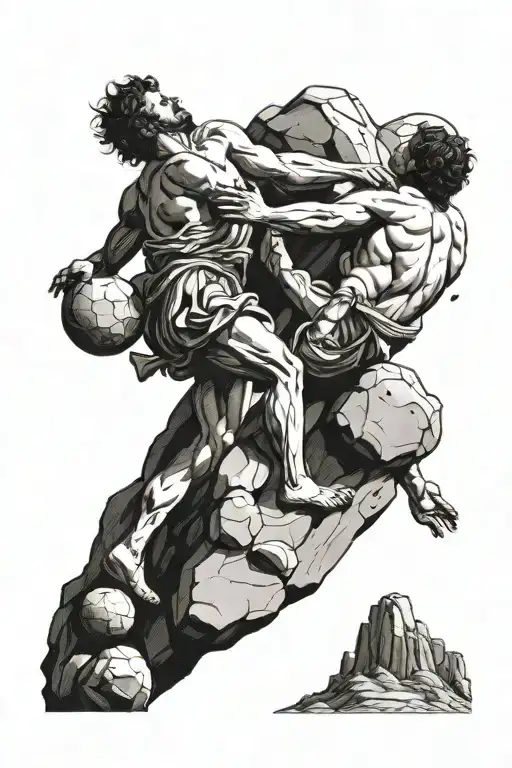 Sysiphus Rolling A Boulder Uphill While Icarus Is Falling From The Sky
