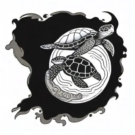 Big Sea Turtle And Small Sea Turtle Swimming With A Circle Drawn Around
