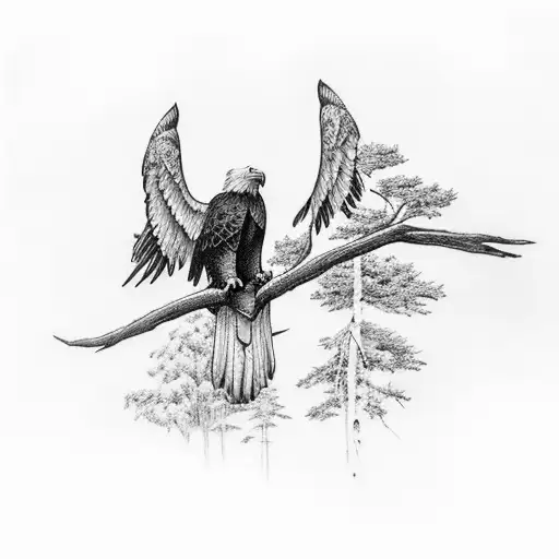 A Majestic Eagle Perched On A Tree Branch Overlooking A Serene Camping Scene