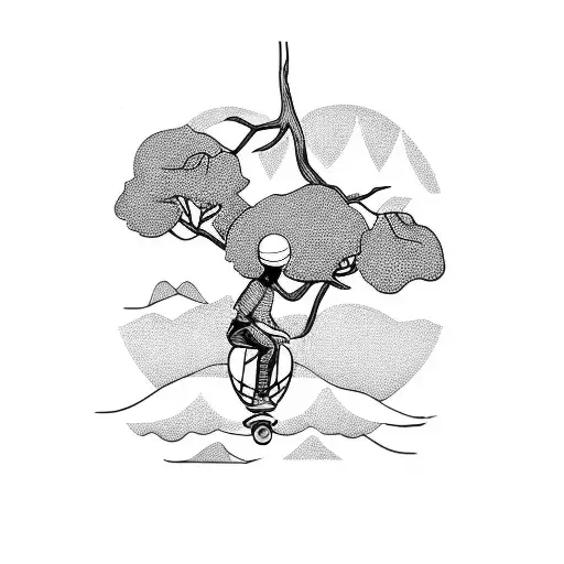 A Blackwork Design Of A Skateboarder Riding On A Branch Of A Tree