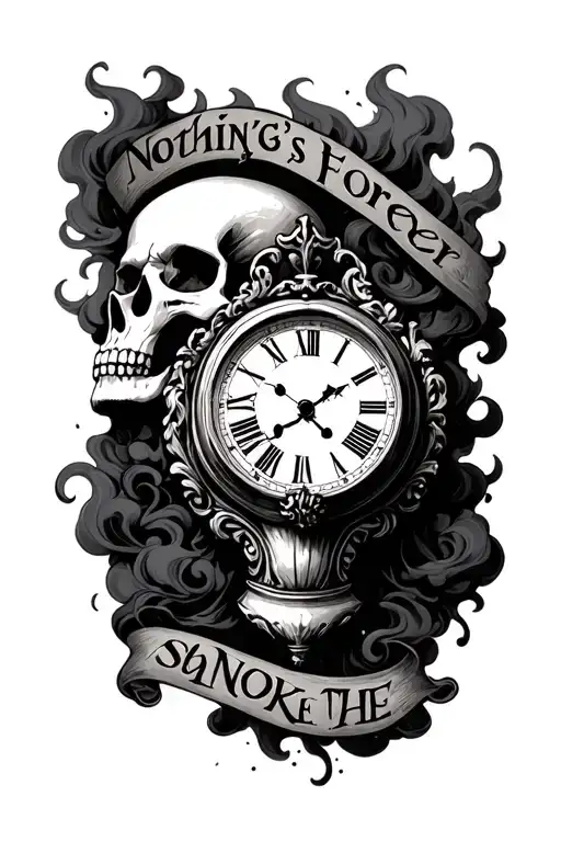 Skull With A Roman Clock And Lettering That Says Nothing's Forever And Smoke In The Background