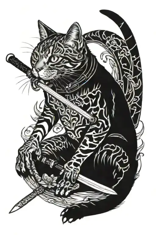 Japanese Style Female American Wirehair Cat With Katana Sword Surrounded By 2 Small Lizards