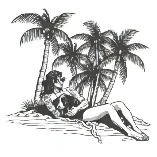 A Beach Girl Lounging Under A Palm Tree With Her Dog By Her Side