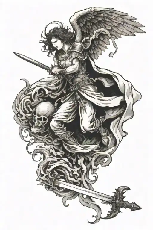 Aa Flying Angel Hovering Over A Dead Demon And A Sword