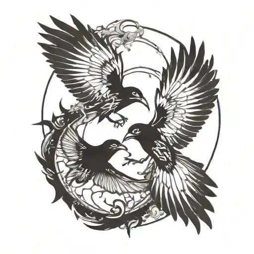 Two Spiritual Crows Flying Together Symbolizing The Yin And Yang Symbol