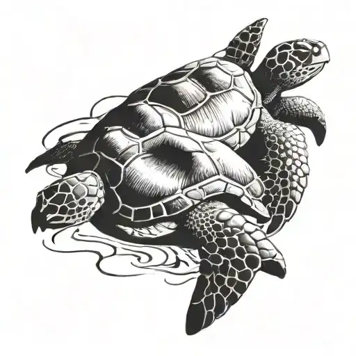 Big Sea Turtle And Small Sea Turtle Swimming Together