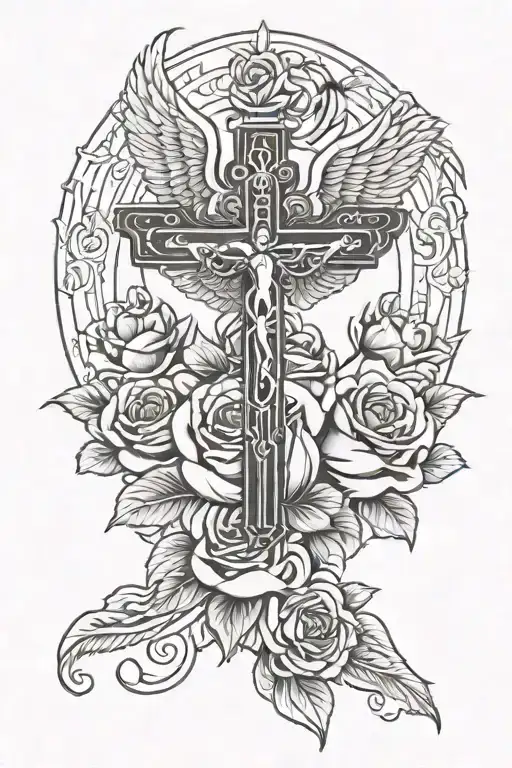 Roses With A Cross And Wings Spread Wide And A Angel