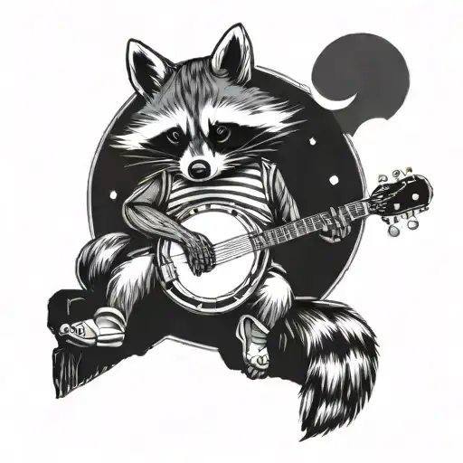 Raccoon Wearing Hightop Sneakers While Sitting In The Crook Of A Cresent Moon And Playing The Banjo