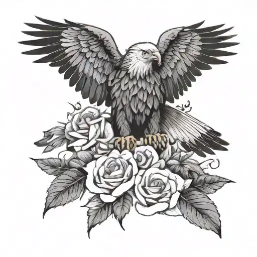 Eagle From The Front With Open Wings And Flowers Around