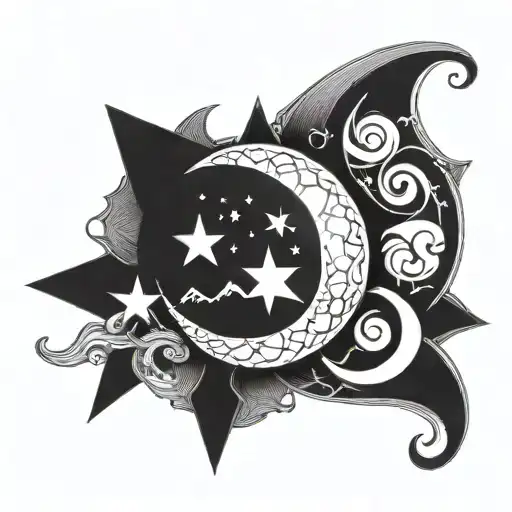 Crescent Moon With Blackwork Etching Style