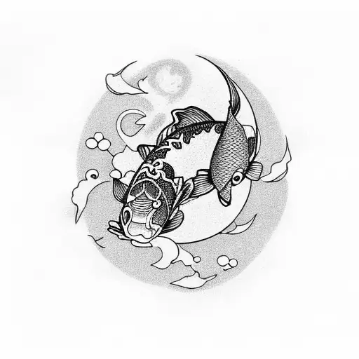 Outlined Koi Fish Gracefully Swimming In A Crescent Moon-shaped Pool