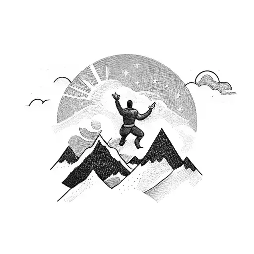 A Man Hovering In The Sky With Arms Outstretched Above A Mountain With Peaks At Sunset