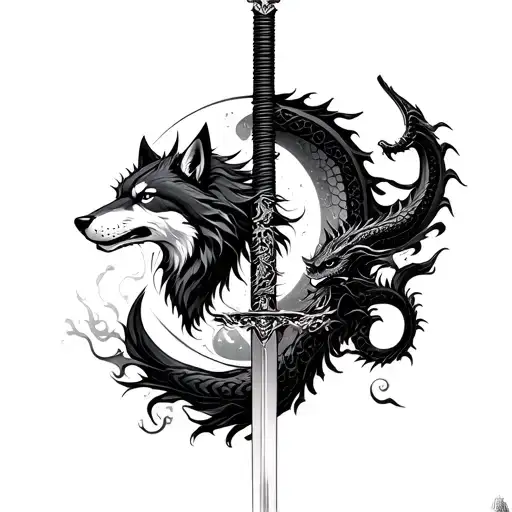 Katana Surrounded By A Wolf And Dragon And Moon