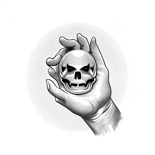 A Hand Holding A Stone With A Memento Mori Symbol Engraved On It