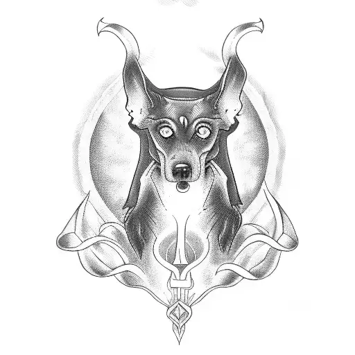 A Blackwork Tattoo Of A Tarot Card Depicting A Three-headed Hell Hound