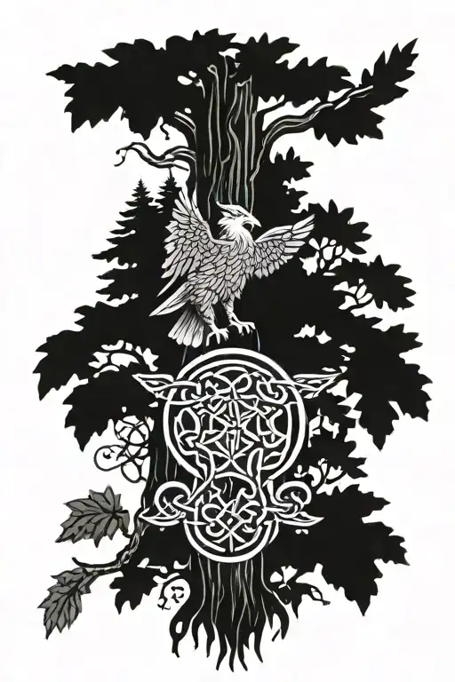 A Forest Scene With A Celtic Knot Incorporated In The Tree Trunk And A Polish Eagle In The Leaves