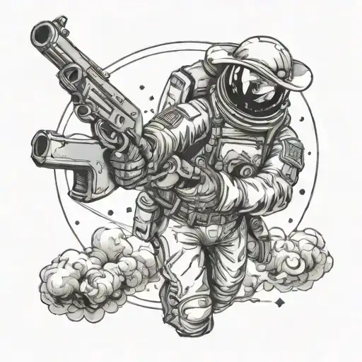 A Astronaut With A Cowboy Hat And A Revolver Drifting Through Space