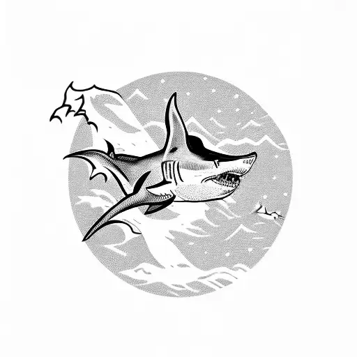 A Detailed Blackwork Tattoo Of A Majestic Shark Swimming Through A Snow-covered Mountain Range