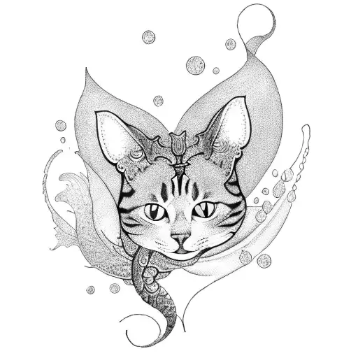 An Elegant Blackwork Tattoo Of A Cat With A Mermaid Tail Gracefully Swimming In The Ocean