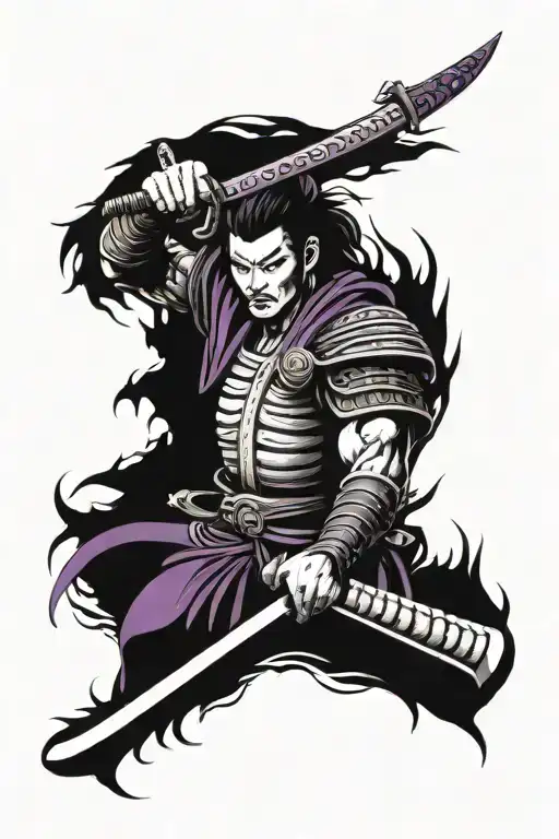 Samurai Front View With Spread Angel Wings With A Katana And Purple Eyes