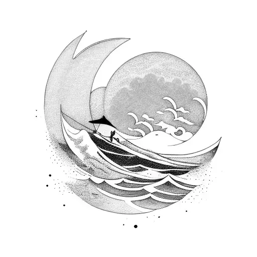 A Serene Beach Scene With A Crescent Moon Shining Above The Waves