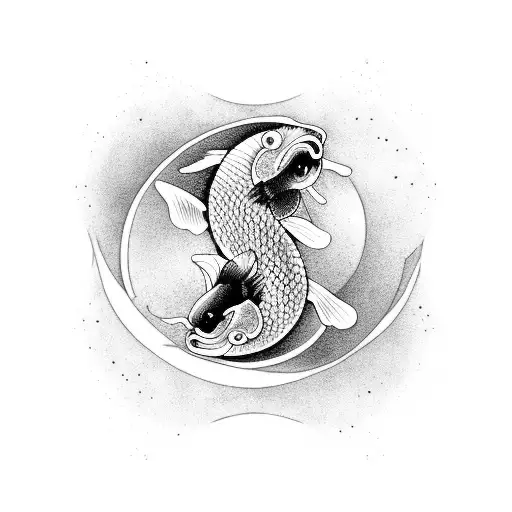 Ying Yang Koi Fish One Black One White Swimming Moon