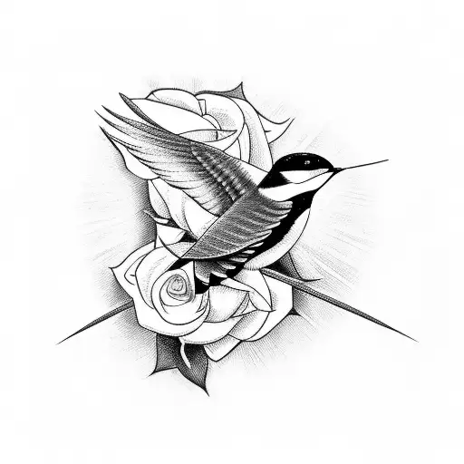 Old School Inspired Tattoo Of A Swallow With A Rose And A Message With Family Written Inside