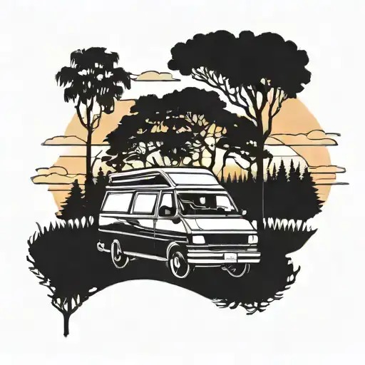 A Silhouette Of A 97 Aerostar Van Parked In Front Of A Beautiful Sunset Over A Forest