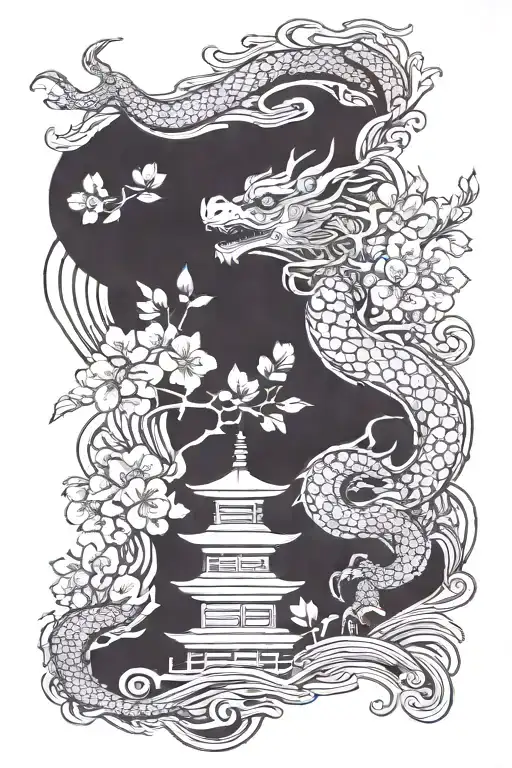 Asian Style Dragon With Cherry Blossom