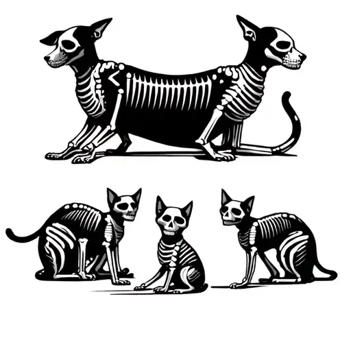 Three Skeleton Dogs And Two Skeleton Cats Playing