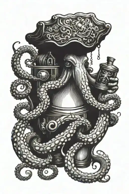 Octopus Holding A Bottle And Treasure Chest