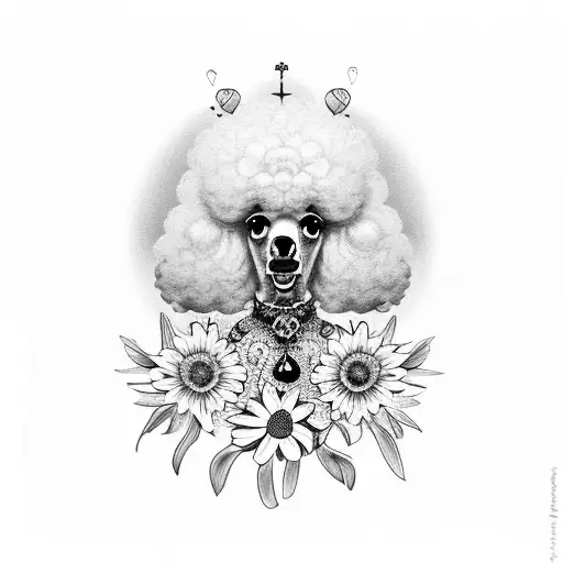 Poodle With Paw On Bird Skull And Daisies Around It