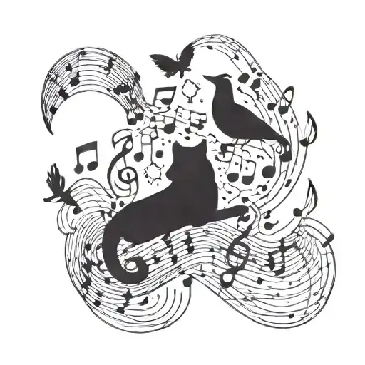 A Tattoo Design Combining Music Notes And Animal Silhouettes In A Blackwork Style