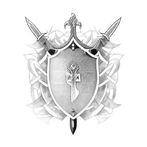 A Black-grey Forearm Shield With A Blackwork Design Of A Sword And Shield Crossed Over Each Other