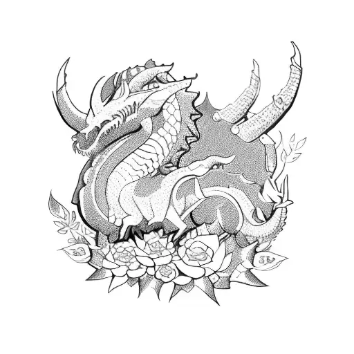 Horned Whole Dragon With Flowers And Thorns