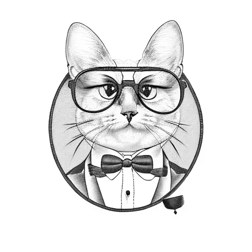 A Blackwork Tattoo Of A Silly Cat Wearing A Bowtie And Glasses