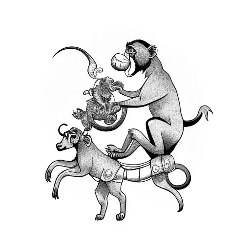 Monkey Riding On Goat Running On Moon