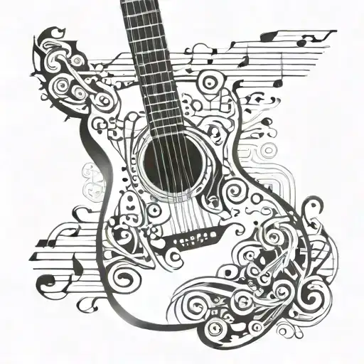 A Tattoo Design Featuring A Detailed Guitar Surrounded By Musical Notes And Symbols