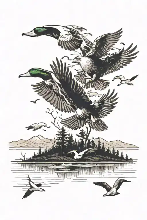 A Detailed Blackwork Tattoo Of A Hunting Scene With Ducks Flying Over A Lake