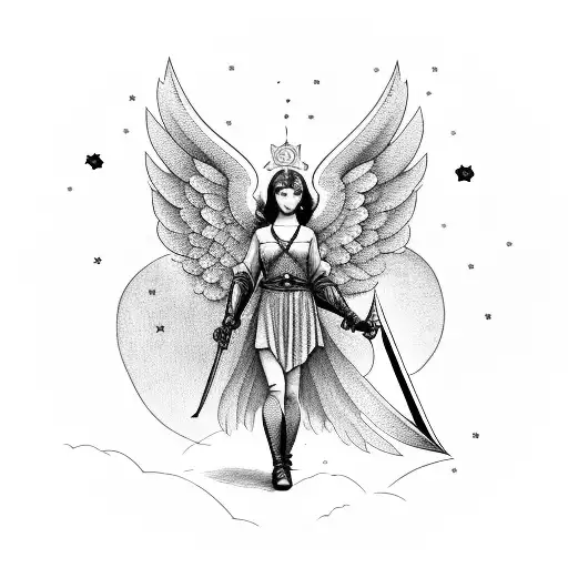 Girl Angel With Sword Looking At The Stars