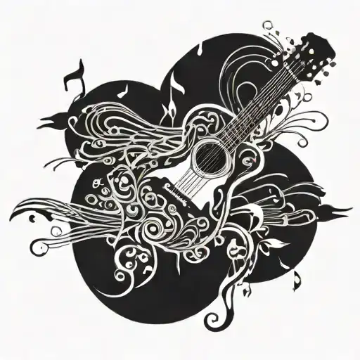 A Guitar With Intricate Music Notes Swirling Around It