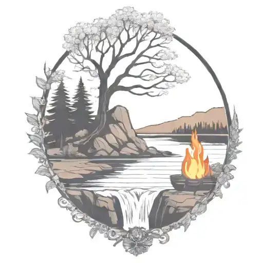 A River With A Campfire And Rowan Tree Beside It Waterfalls Down The Front
